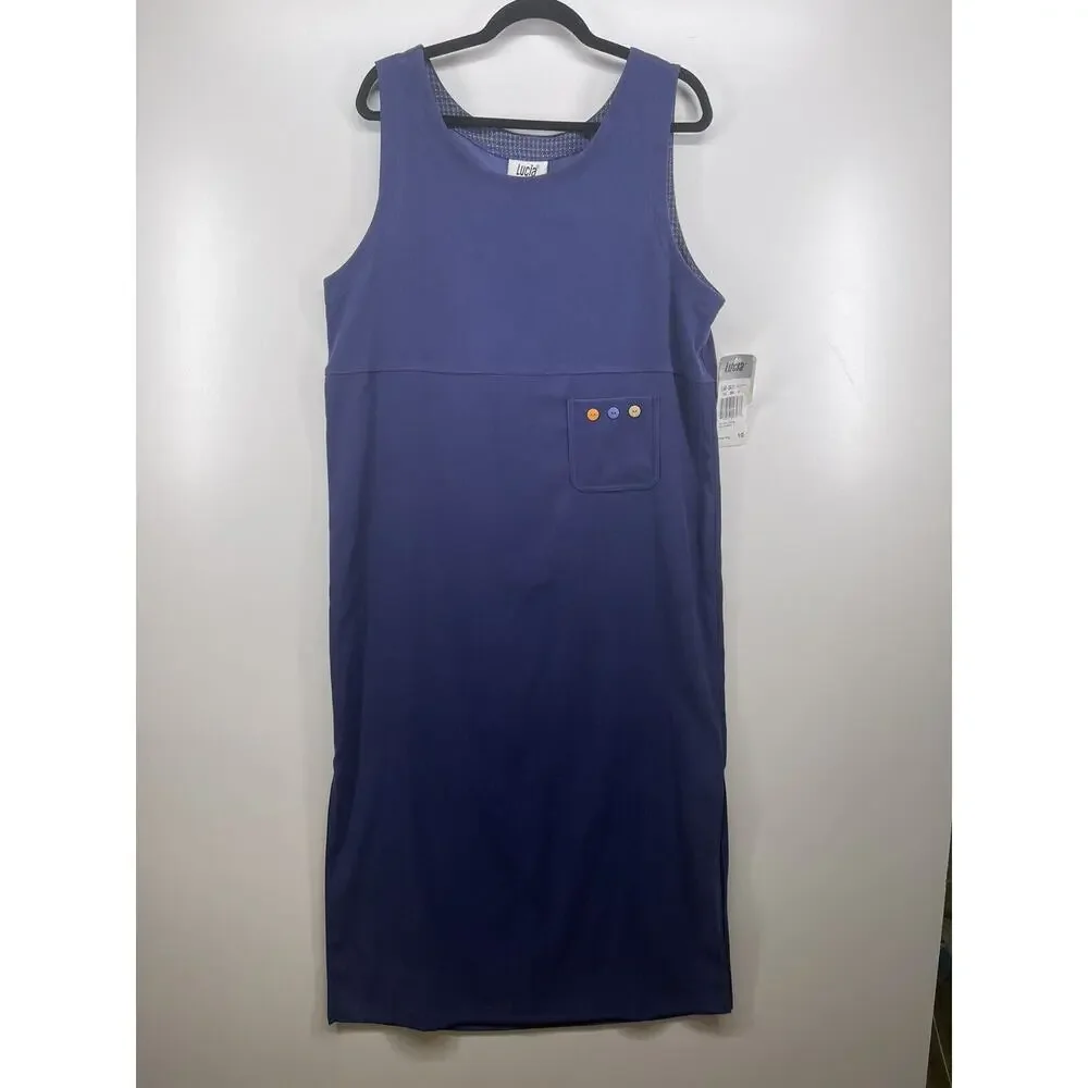 Lucia Made In USA Blue Velvet Stretch Dress Sz 10 MIDI Pocket Buttons Detail NEW